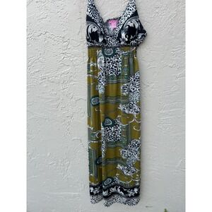 Shes Cool Maxi Dress Large Leopard Baroque Print Smocked Waist Olive Black L
